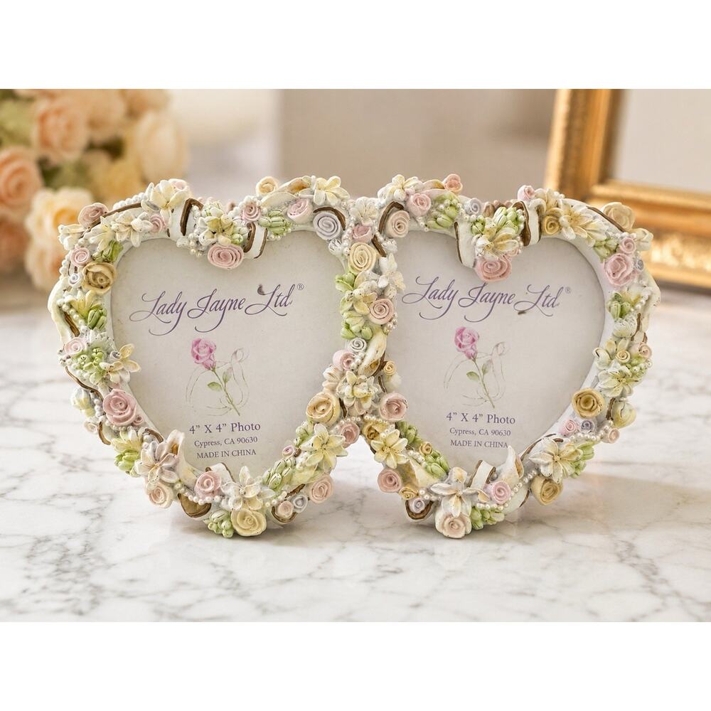 Lady Jayne Ltd Double Heart Photo Frame 4x4 Floral Roses Resin Shabby Chic 9”